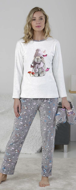 CENT DESSUS DESSOUS - Pyjama long velours "Lapin - Bonnet" Massana - Réf P711208 gris chiné